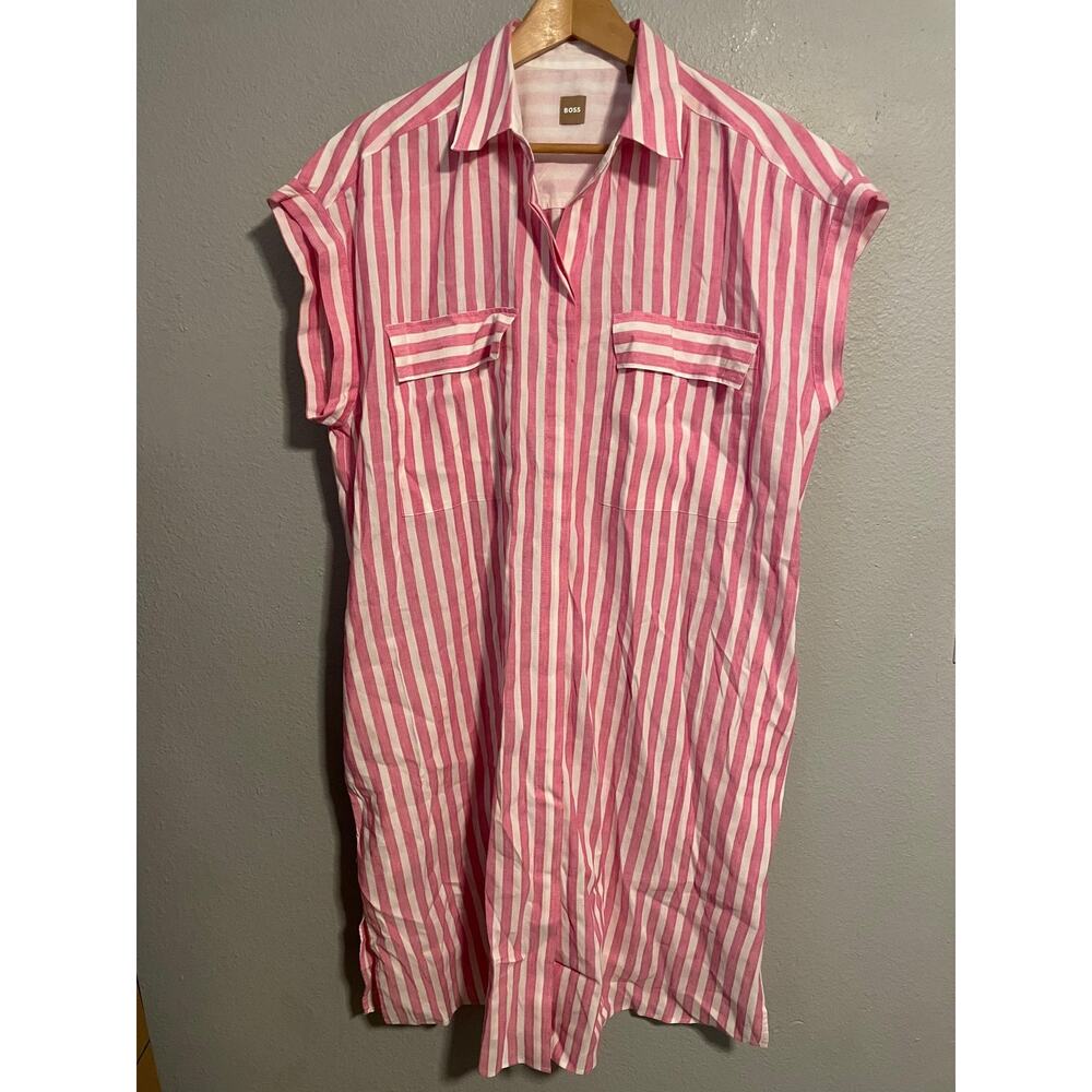 Boss Hugo Boss Shirt Dress Womens 12 Pink Striped Linen Knee Length Button Front